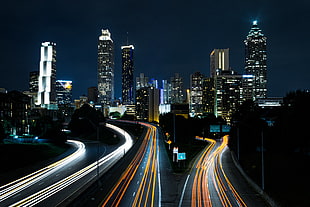 city skyscrapers, city, lights, cityscape, road HD wallpaper