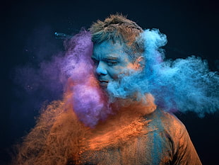 teal smoke, dust, smoke, colorful, men