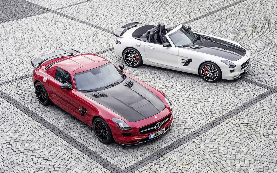two red and white coupes, car, Mercedes-Benz SLS AMG HD wallpaper