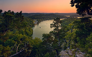 body of water between forest during golden hour HD wallpaper