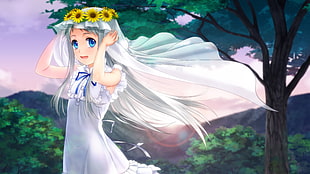 female anime character wearing sunflower headpiece and veil 3D wallpaper HD wallpaper