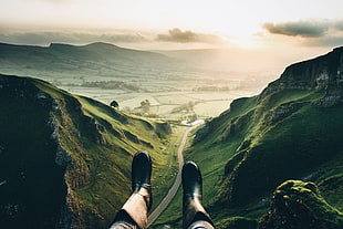 person paragliding over mountain photo, landscape, clouds, sunset, trees