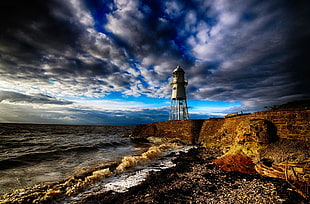 grey watchtower, beach, lighthouse, England, sea HD wallpaper