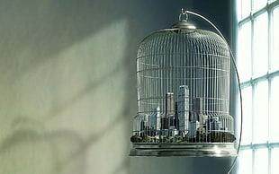gray birdcage, cages, skyscraper, digital art, sunlight HD wallpaper