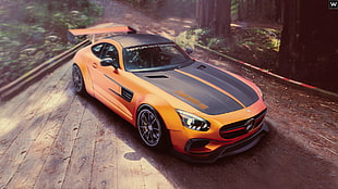 orange and black coupe, car, 3D graphics, nature, planks HD wallpaper
