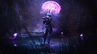 warrior 3D wallpaper, artwork, fantasy art, forest, jellyfish