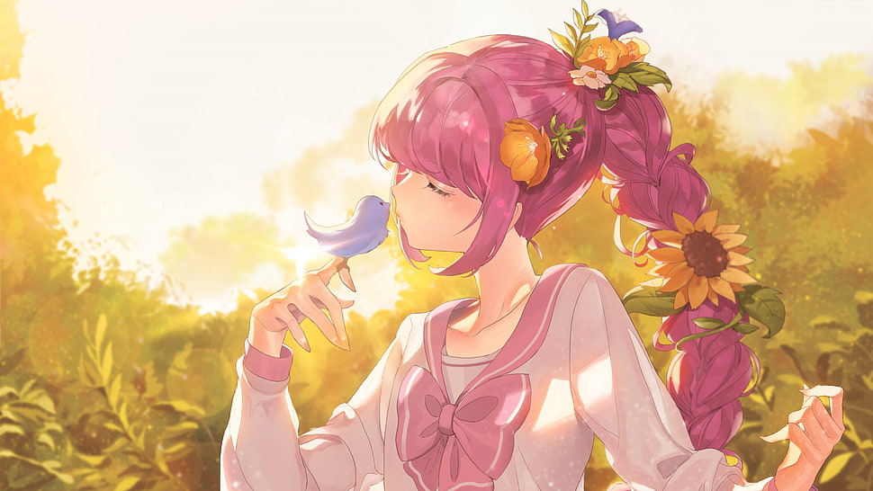 pink haired female anime character holding bird graphic wallpaper HD wallpaper