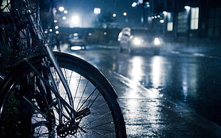 black bicycle, photography, city, urban, lights HD wallpaper