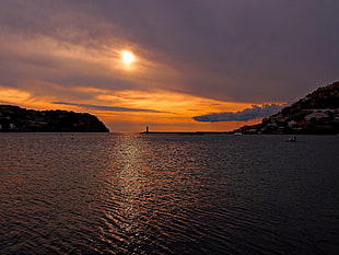 body of water during sunset