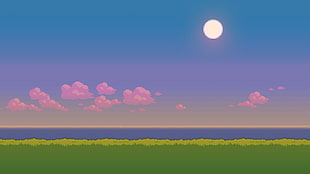 green grass field under blue skies digital wallpaper, pixel art, Sun, grass, clouds