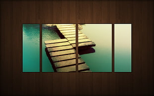 4-panel wooden dock illustration, collage, water, pattern, texture HD wallpaper