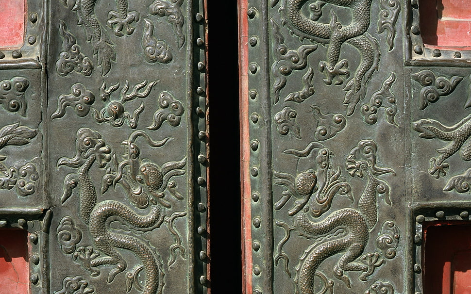 black steel dragon embossed door gate HD wallpaper