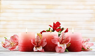 three pink pillar candles