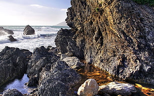 landscape photography of splashing waves on rocks during daytime HD wallpaper