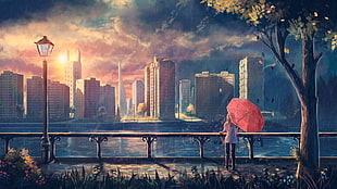 woman using pink umbrella watching the body of water and buildings HD wallpaper