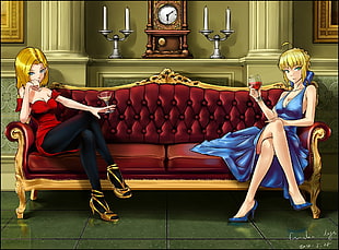 two female anime character sitting on sofa HD wallpaper