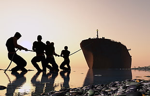 silhouette of person pulling the ship photo, men, wreck, ship, digital art HD wallpaper