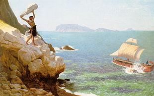 brown galleon ship illustration, Greek mythology, artwork, painting, Jean-Léon Gérôme HD wallpaper