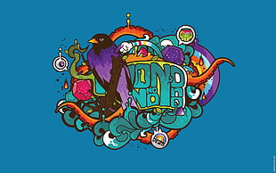 multicolored graphic illustration, Jared Nickerson, blue background, tentacles, birds HD wallpaper