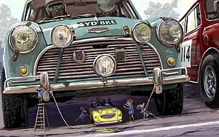 blue and silver car, laughing, artwork, car, mice HD wallpaper