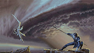 man holding spear and sword digital wallpaper, Brandon Sanderson, Stormlight Archives, Kaladin Stormblessed, Szeth-son-son-Vallano