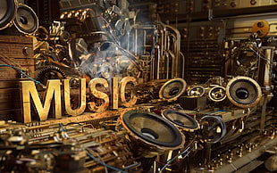brown and black wooden table, music, Music is Life, steampunk, typography HD wallpaper