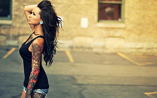 women's black tank top, brunette, tattoo, piercing, women HD wallpaper
