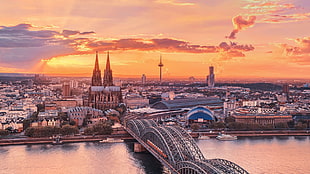 gray steel bridge, Germany, cityscape, sunset, city