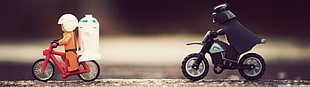 two LEGO men riding motorcycle mini figure HD wallpaper