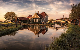 white and gray wooden house near the creek painting, nature, landscape, canal, bridge