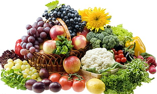 varieties of fruits and vegetables on brown woven baskets