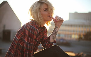 women's red, blue, and white plaid sport shirt, Alysha Nett, model, blonde, plaid HD wallpaper