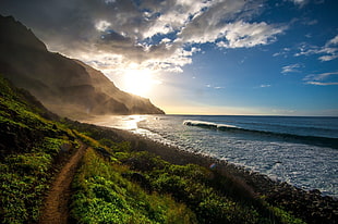 seashore, landscape, mountains, Pacific Ocean, clouds