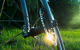 gray bike fork, reflection, sunlight, grass, bicycle HD wallpaper