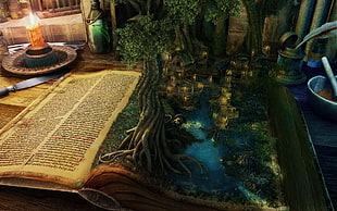 river surrounded with tree artwork, fantasy art, digital art, books, artwork HD wallpaper