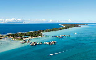 brown nipa huts, sea, island, landscape