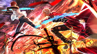 two anime fighting with blue swords illustration, anime, Fate/Stay Night, Archer (Fate/Stay Night), Shirou Emiya HD wallpaper