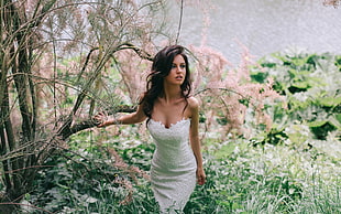 women's white strapless dress, women, women outdoors, brunette, blue eyes