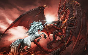 unicorn and dragon wallpaper, unicorns, dragon, fantasy art HD wallpaper