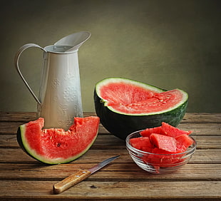 white pitcher and watermelon, food, melons HD wallpaper