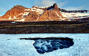 brown mountain covered in snow, nature, Earth, landscape, water