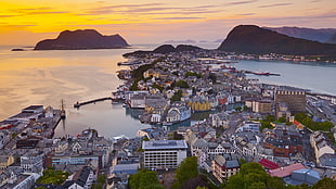 houses and buildings, cityscape, building, sea, sunset