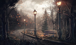 three black light post painting, fall, road, park, digital art HD wallpaper