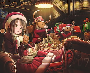 two red and black car seats, anime, Santa hats, Christmas, presents HD wallpaper
