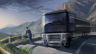 man beside bus illustration, euro truck simulator, SCS Software, trucks HD wallpaper