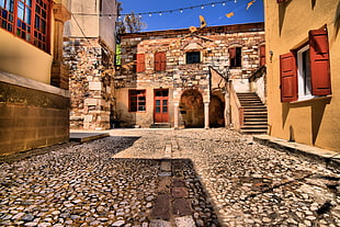 brown window panes, Chios, Greece, old building