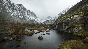 white and black concrete house, mountains, nature, river, rocks