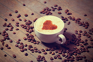 white teacup, coffee, coffee beans