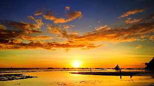 sunset digital wallpaper, beach, sky, clouds, sea