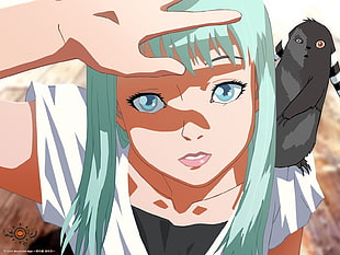 gray animal on teal-haired female anime character's shoulder HD wallpaper
